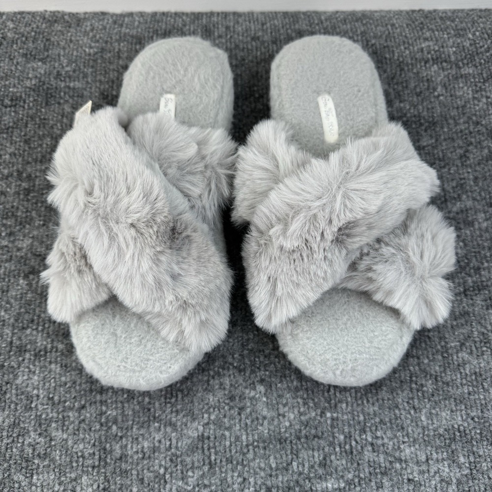 Gara Tia Fuzzy Slippers Wmns 5-6.5‎ Gray Criss Cross Open Toe Plush Cozy Slip On
